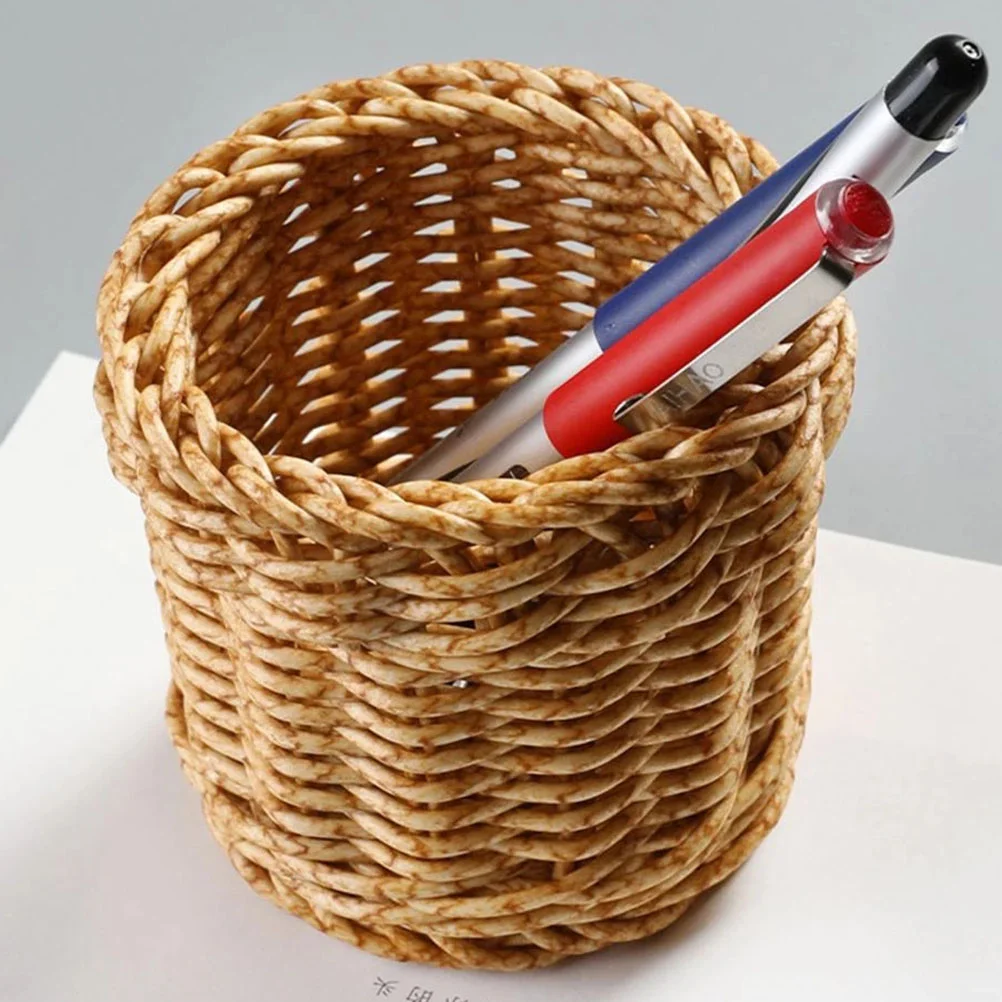 Storage Box Baskets Imitation Rattan Pen Plastic Pencil Cup Holder Makeup Brush Container