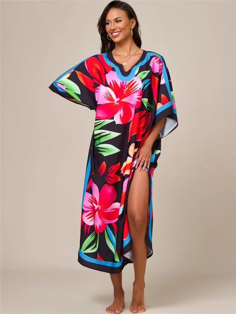 

Summer Cover Ups Women Dress Swimsuit Short Sleeve Robes Bathing Suit 2026 New Beach Holiday Flower Print Maxi Dresses Cover-Up