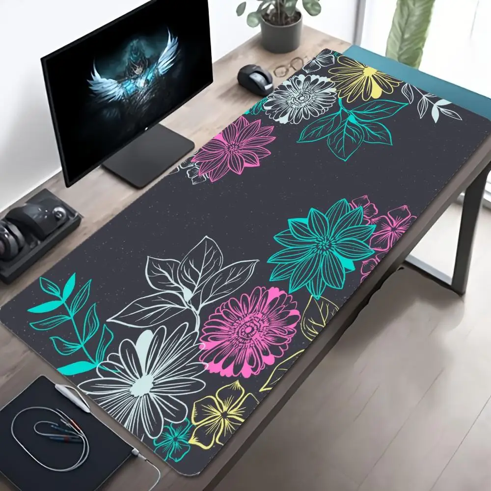 Gaming Mouse Pad Mousepad Gamer Desk Mat Large Keyboard Pad Color Line Art Flower Computer Table Surface For Accessories Xl
