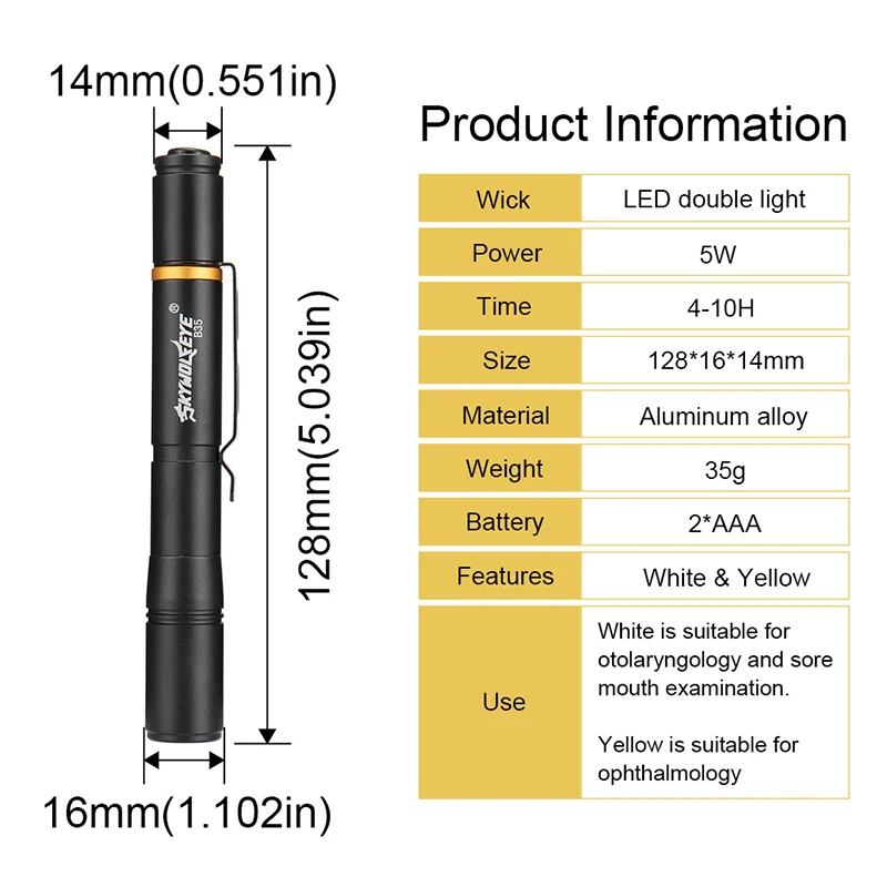 Mini lanterna LED recarregável, fonte de luz dupla, luz médica, caneta portátil, 2 modos tochas