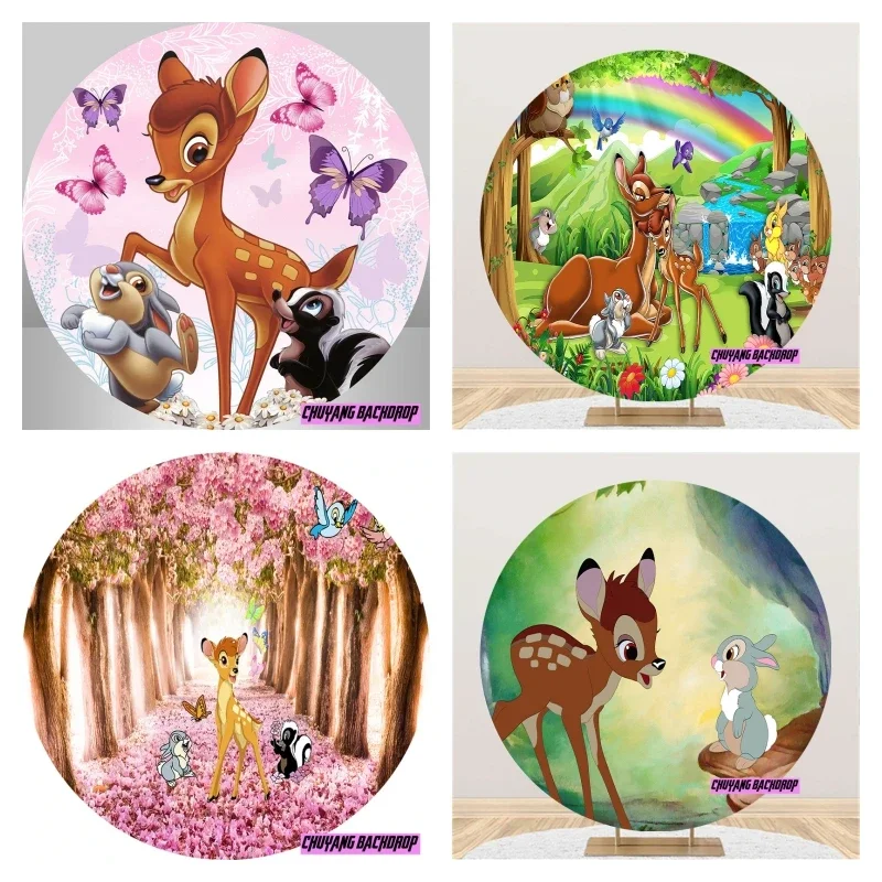 Disney Bambi Deer Pink Butterfly Round Circle Backdrops Photography Baby Shower Girls Birthday Party Backgrounds Banner