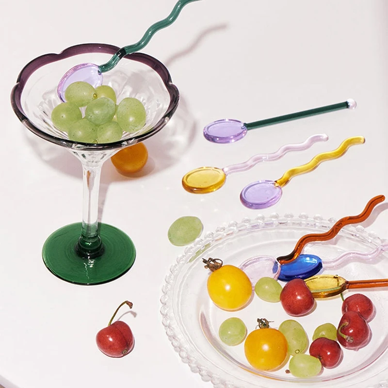 Colored Glass Mixing Spoons Transparent Glass Spoons For Fruit Juice Coffee Iced Beverage Mixing Spoons Home Tableware Dropship