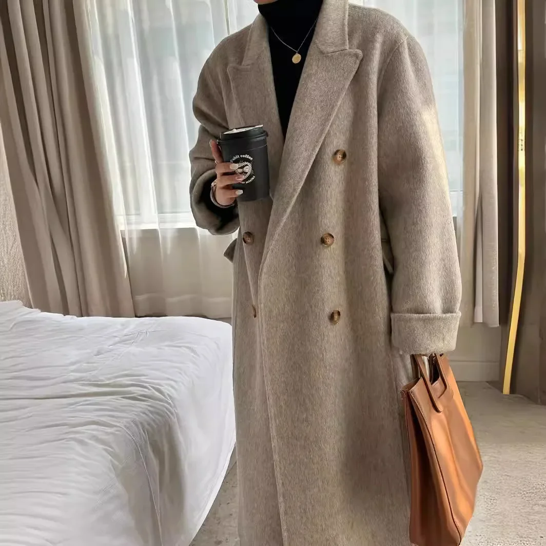 Premium rabbit velvet double-breasted double-sided cashmere coat long wool woolen jacket women's Korean version 22 years old