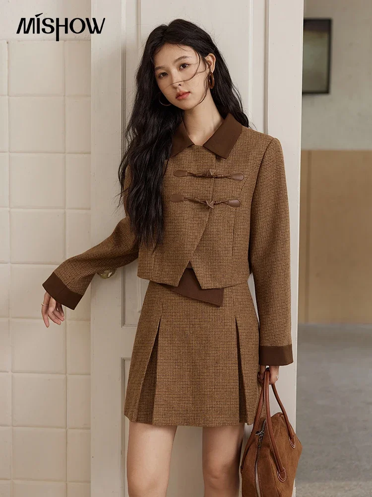 

MISHOW Lapel Jacket Pleated Short Skirts Separately Women 2024 Fall Retro Elegant Plaid Tweed Jacket Mini SkirtMXD45W0451