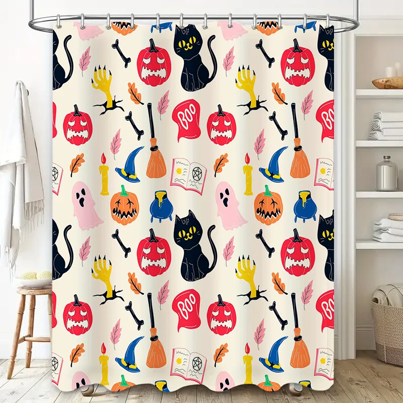 Halloween-themed shower curtain with spooky patterns like witches hats, pumpkins, ghosts bats perfect for haunted house decor! A