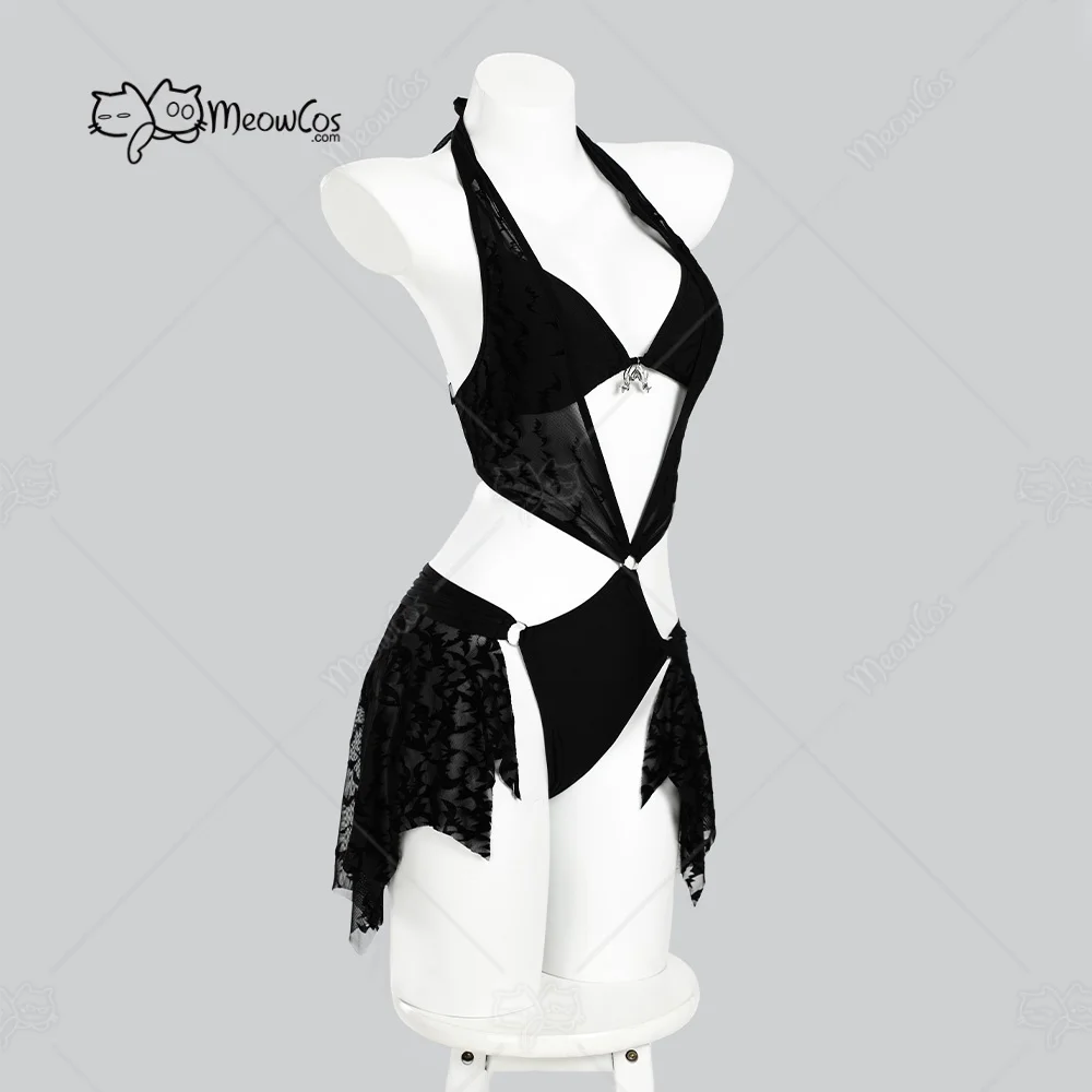 

Meowcos Women's Nocturnal Waves Gothic Black Bat Patterned Slightly Sheer One Piece Swimsuit Bodysuit with Bikini Top