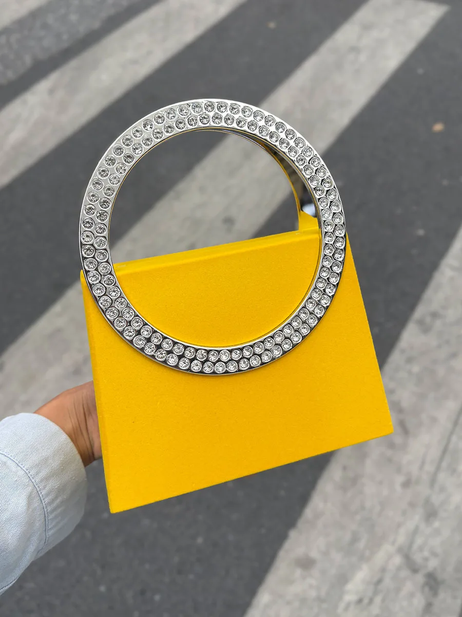 

Shiny Rhinestone Circle Handle Bag Small Vintage Classic Flap Bag Elegant Square Evening Clutch Purse for Women