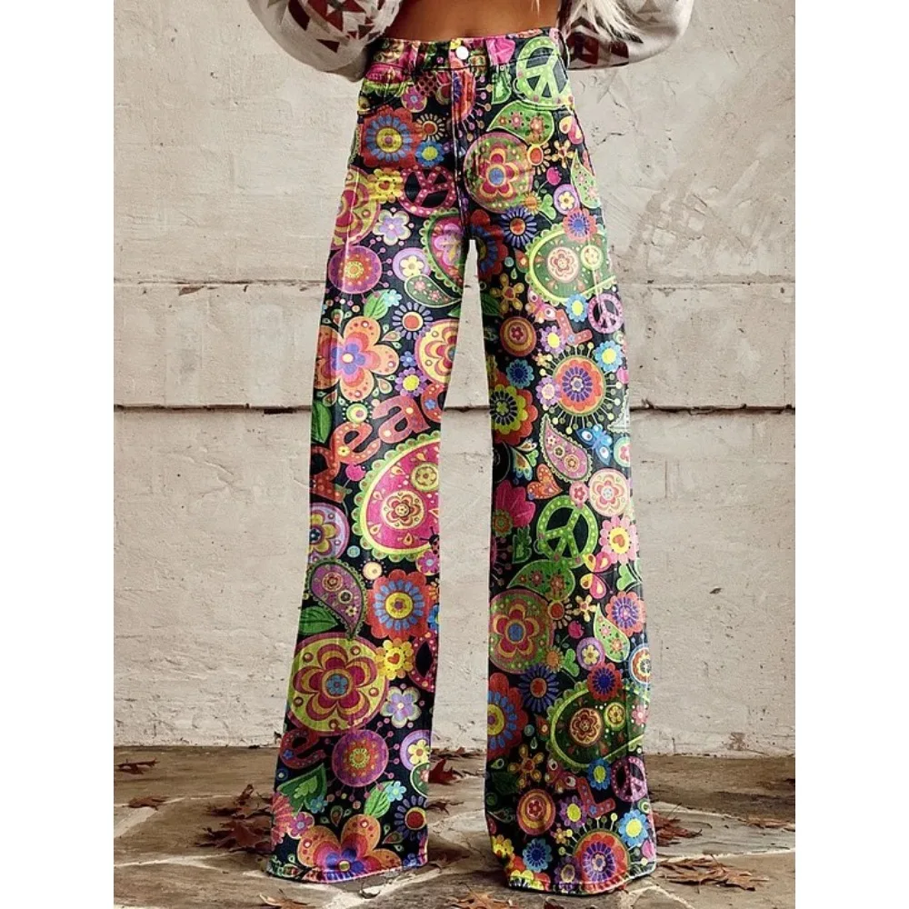 Harajuku Bohemian Art Print Palazzo-Hose mit hoher Taille und weitem Bein, Baumwolle, lässige, locker sitzende Hose mit Taschen, Damen-Punk-Hose – Detail 5
