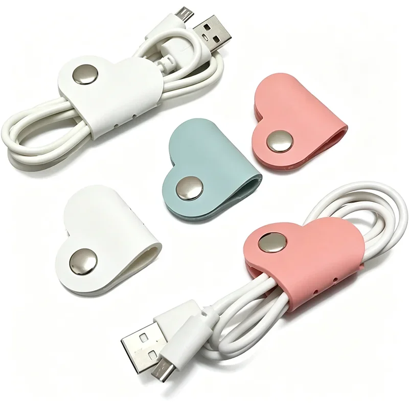 Multifunctional PU Leather Phone Data Cable Organizer Data Storage Heart-shaped Cable Clip Hub Wired Headphone Winding Clip