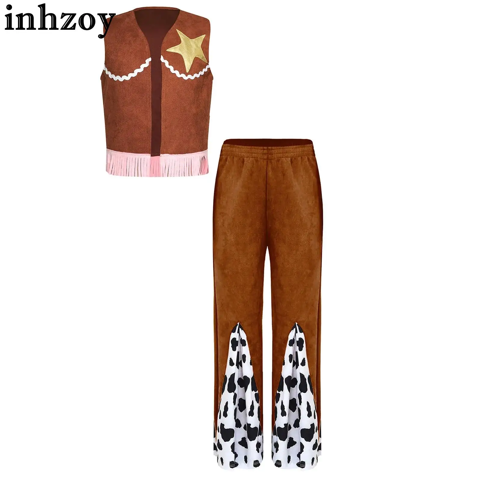 Kids Cowgirl Cowboy Costume Outfit Western Themed Cosplay Five-pointed Star Fringe Vest and Cow Print Patchwork Flared Pants Set