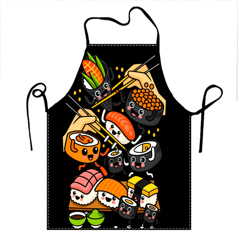 Cute Sushi Characters Apron For Cooking And Baking Kitchen Wear With Kawaii Food Design Black Background
