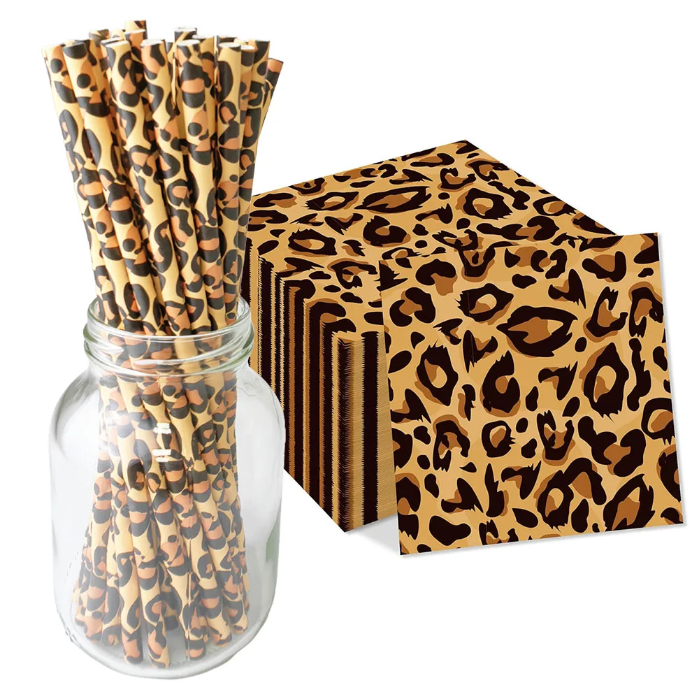 Leopard Theme Birthday Leopard Paper Straw Napkins Disposable Tablecloth Adult 30th 40th 50th 60th Birthday Party Supplies