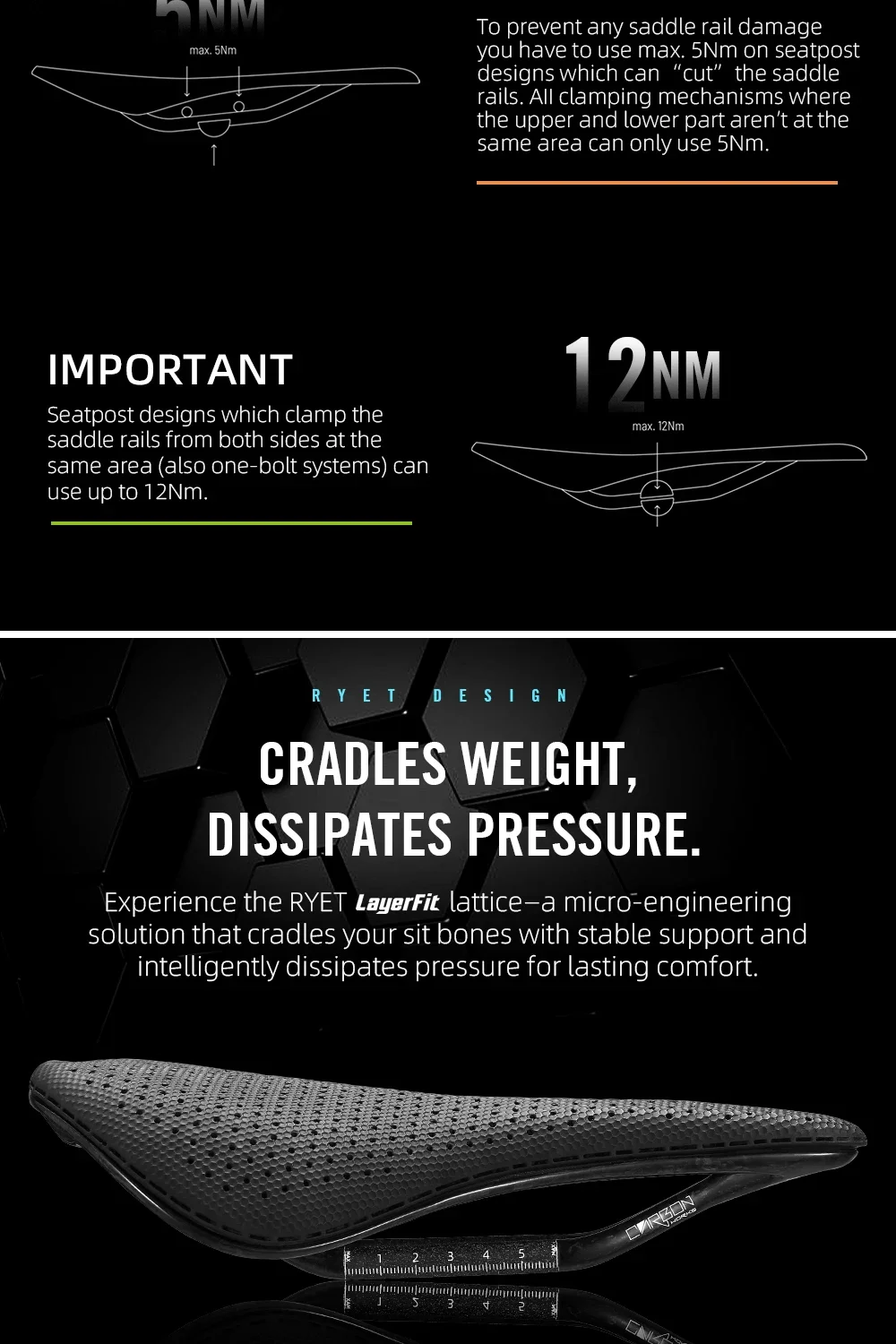 RYET Carbon 3D-gedruckter Sattel 145/155MM 190g 7*9 Fahrradsitz für Herren Damen Triathlon Rennrad MTB Mountain Gravel Fahrradteile – Detail 7