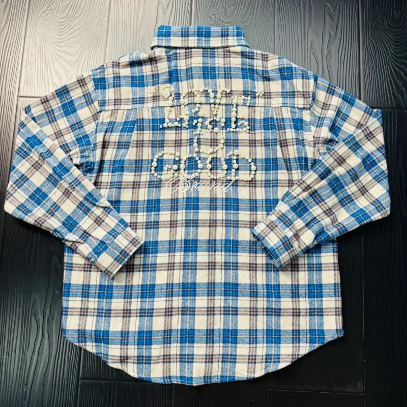 Autumn Fashion Blue Checkered GOODBRAND Shirts Heavy Industry Pearl Embroidered Letter Men Women Long Sleeve Breasted Cardigan