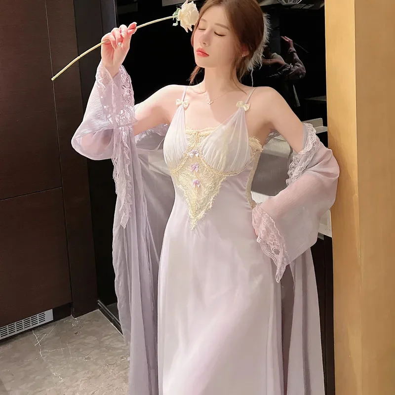 

Комплект женской ночной рубашки, кружевная одежда для сна, кимоно, халат, шелковая атласная ночная рубашка, домашняя одежда, 2 шт.