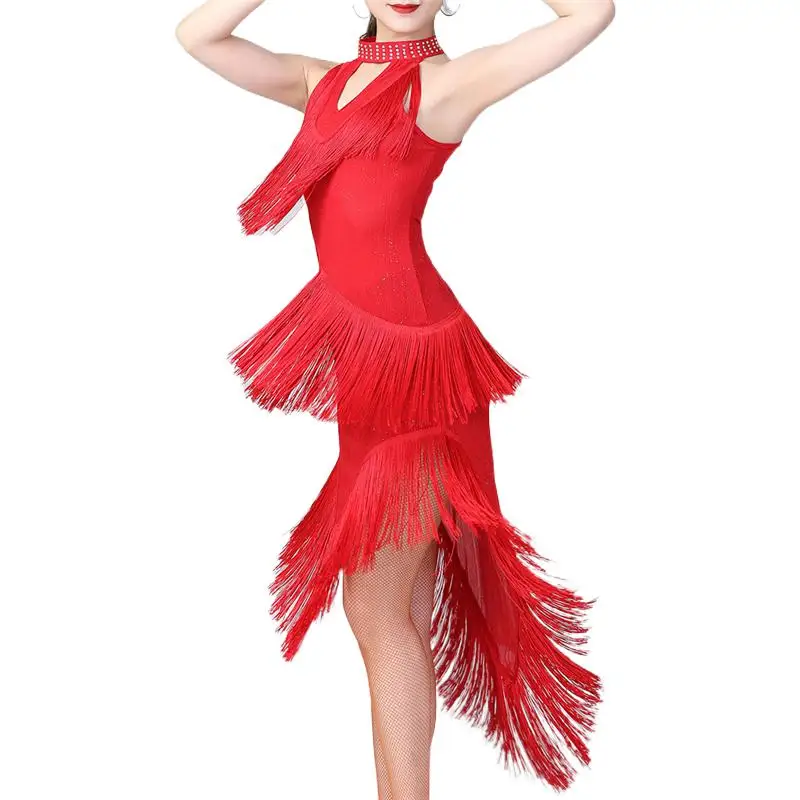 Women Halter Neck Tassel Latin Dance Dress Fringe Classical Dancewear Costume Samba Rumba Jazz Ballerina Practice Tango Outfit