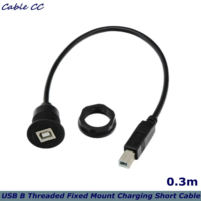 USB B Threaded Fixed Mount Printer Short Cable Adapter USB Type B 2.0 Male to Female  480Mbps, For Printer Scanner, 30cm/11.8in，