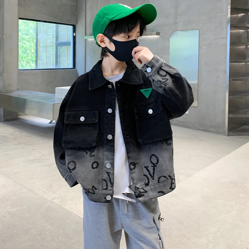 New Autumn Clothing Korean Style Children Gradient Black Denim Jacket for Tween Boys Fashion Casual Coat Kids Classic Outfit