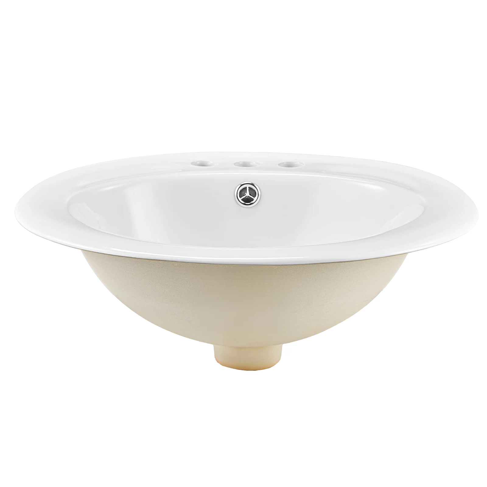 SucceBuy Semi Recessed Bathroom Sink 19.09 x 16.73 Inch Oval White Ceramic Vessel Sink with Overflow Hole and 3 Faucet Holes