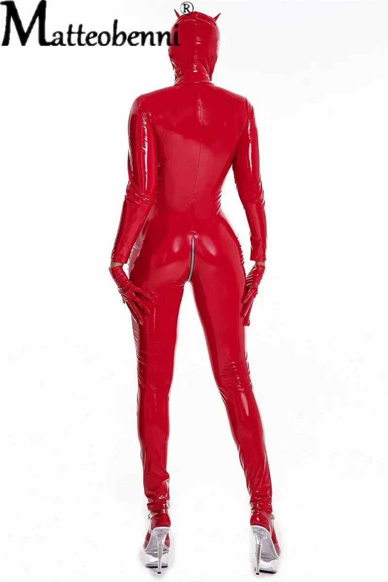 2024 New Women Sexy Wetlook Latex Catsuit with Mask PVC Faux Leather Jumpsuit Lady Erotic Costume PU Lingerie Bodysuit Clubwear