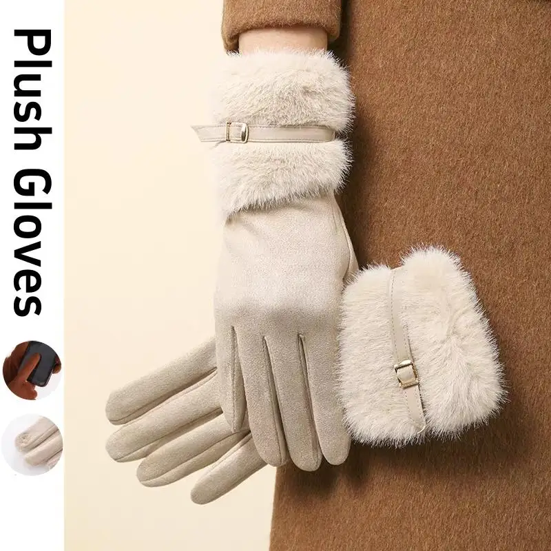 

Women Winter Plush Gloves Vintage Touch Screen Driving Keep Warm Windproof Glove Coldproof Windproof Mittens Dropshiping