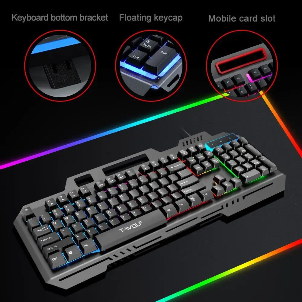 Teclado con cable para juegos T-WOLF T16 con tablero de Metal, teclas iluminadas, conexión USB, escritura silenciosa y soporte para teléfono para PC de escritorio