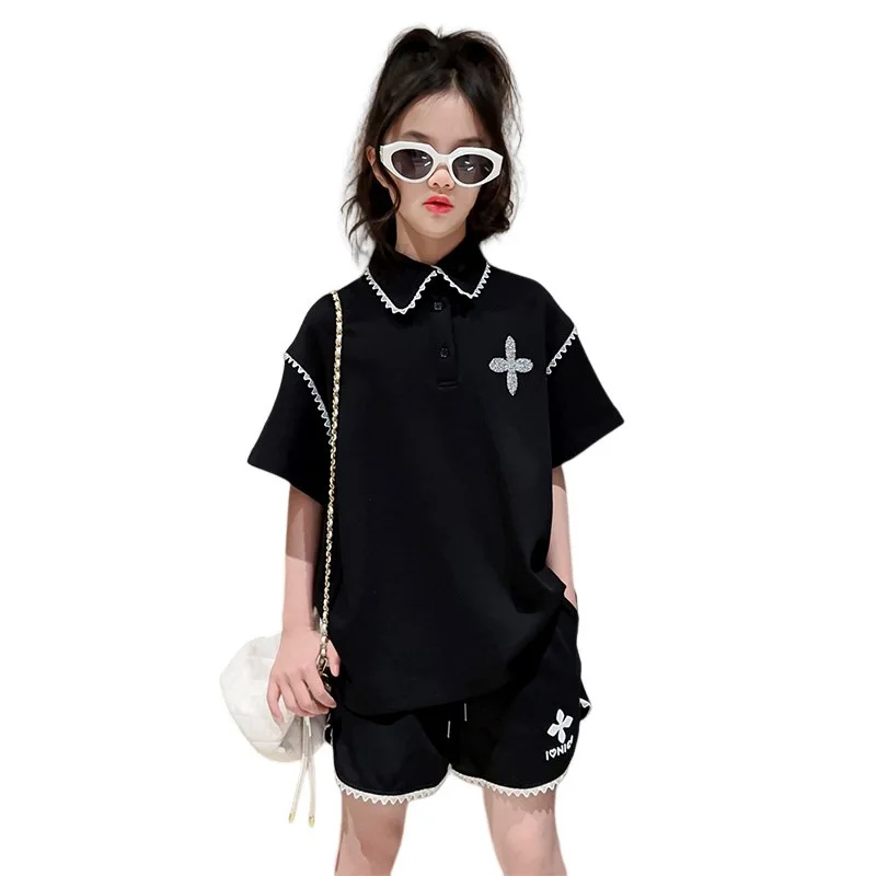 Children Sets Girls Summer Casual Casual Suit, Fashionable Polo Shirt Top + Shorts Two-piece Set Loungewear Outfit