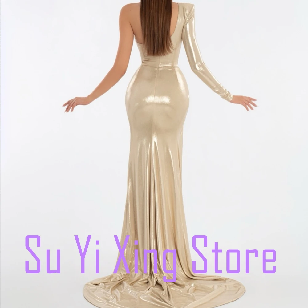 Satin Open Back One Shoulder Long Sleeves Floor Length Pleats Sweep Train Front Slit Graceful and Temperament Evening Dress 2024