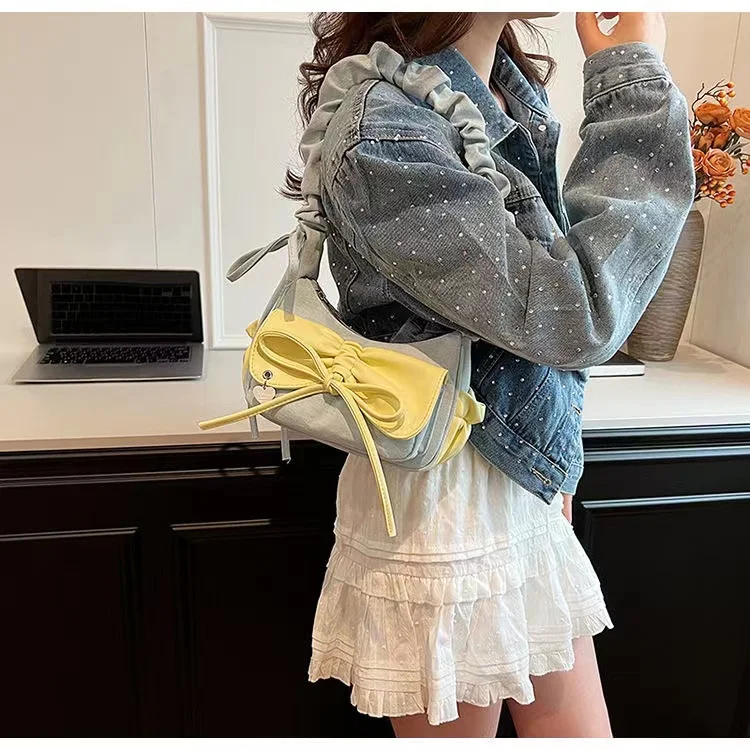 

Y2K Korean Fashion Crossbody Bag Lady Shoulder Bag Handbags and Pures Tie Design Small Denim Underarm Bags for Women