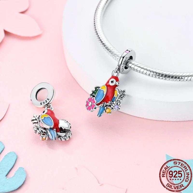 S925 Silver DIY Purple Lily Of The Valley Parrot Charm Fit Pandora 925 Original Bracelet For Women Jewelry Birthday Gift New Hot