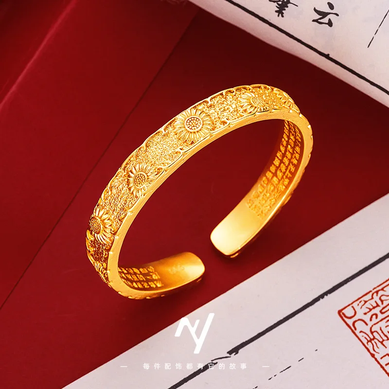 

Легкий роскошный дизайн в этническом стиле, новый китайский стиль, 9999 24 К, настоящее золото, открытый женский браслет с цветком подсолнуха и сердцем, сутра