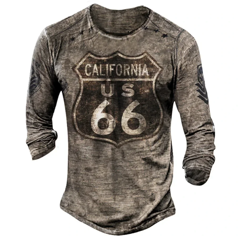 

Route 66 Letter Print Biker T Shirt casual Oversize Tee Shirt Men Clothing Vintage Motorcycle T-shirts For Men 3D Long Sleeve