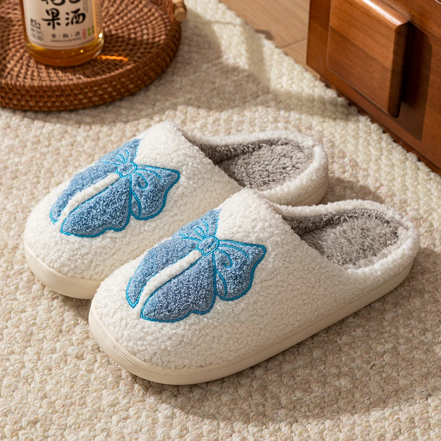 

Soft Sole Warm Leisure Girl's Slippers Cute Comfy Winter Indoor Bow Couples Women Bedroom Classic Embroidered Pattern Home Shoes