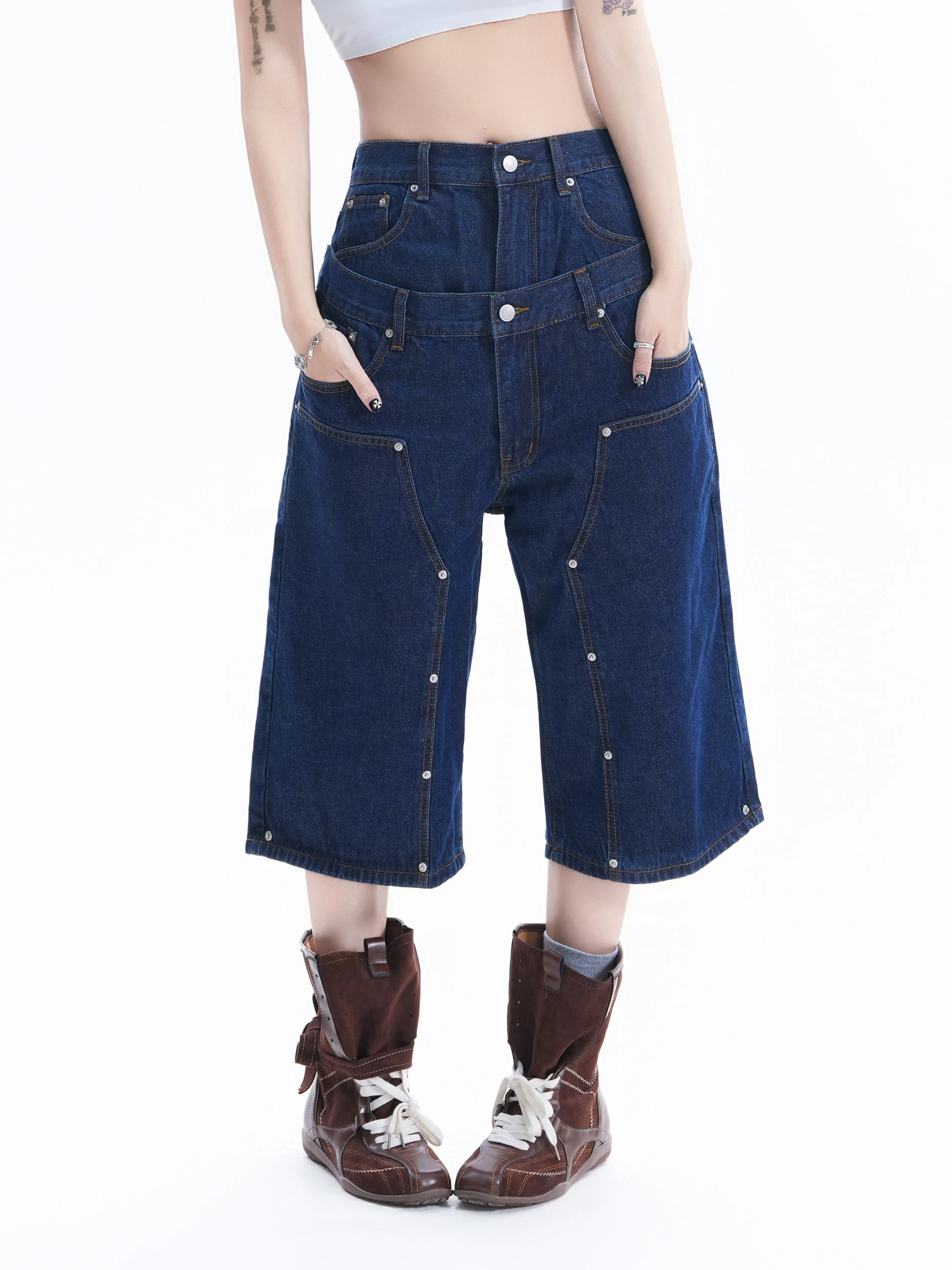 Hot Girl Double Layer Waist Design Jeans Cotton Spring Autumn Wide Leg Pants Casual Versatile Women's Fashion High Street Style