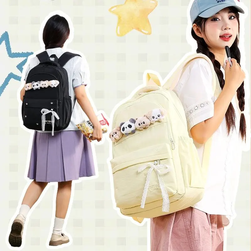Kawaii Light Yellow Backpack For Women Girls Cute Nylon School Bag With Plush Pendant Decor Lace Bow Casual Daily Travel College