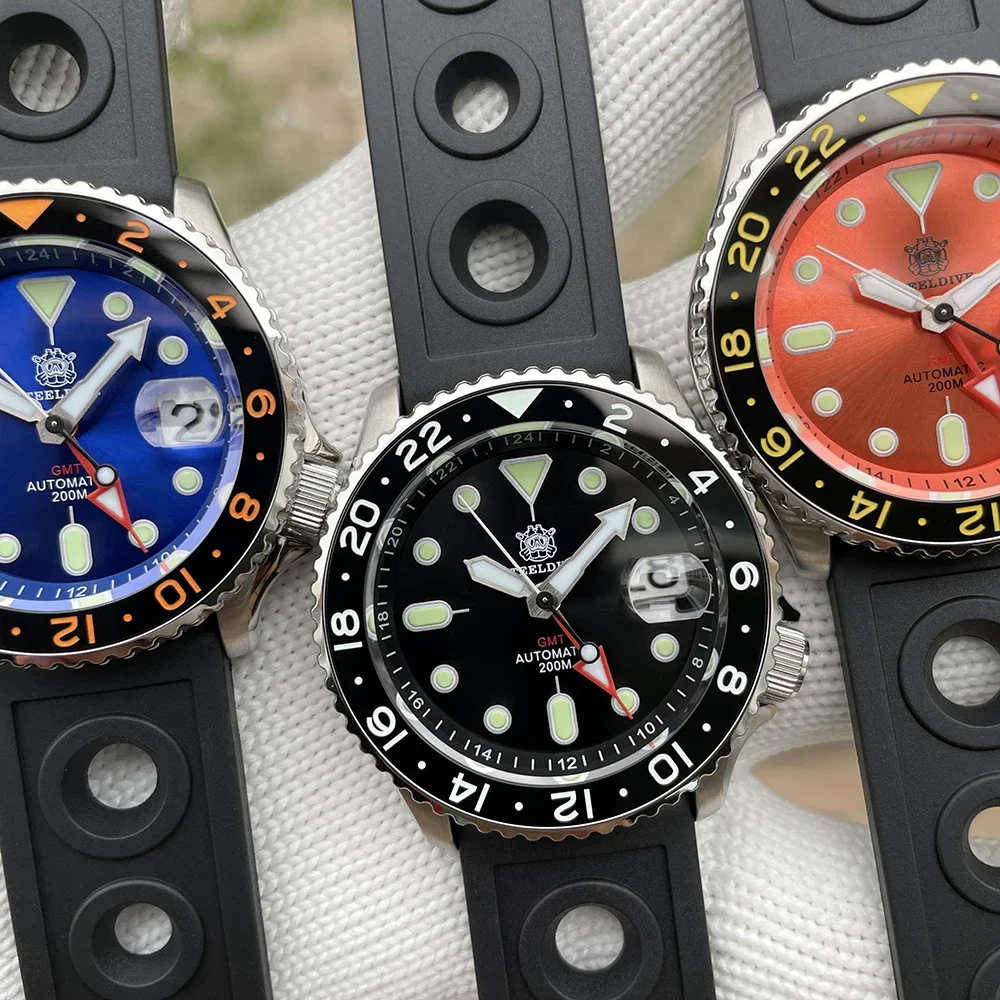 STEELDIVE SD1994 V2 GMT 200M กันน้ําเซรามิค BEZEL สี่ตัวชี้ NH34 การเคลื่อนไหว Luminous Mechanical DIVE นาฬิกา