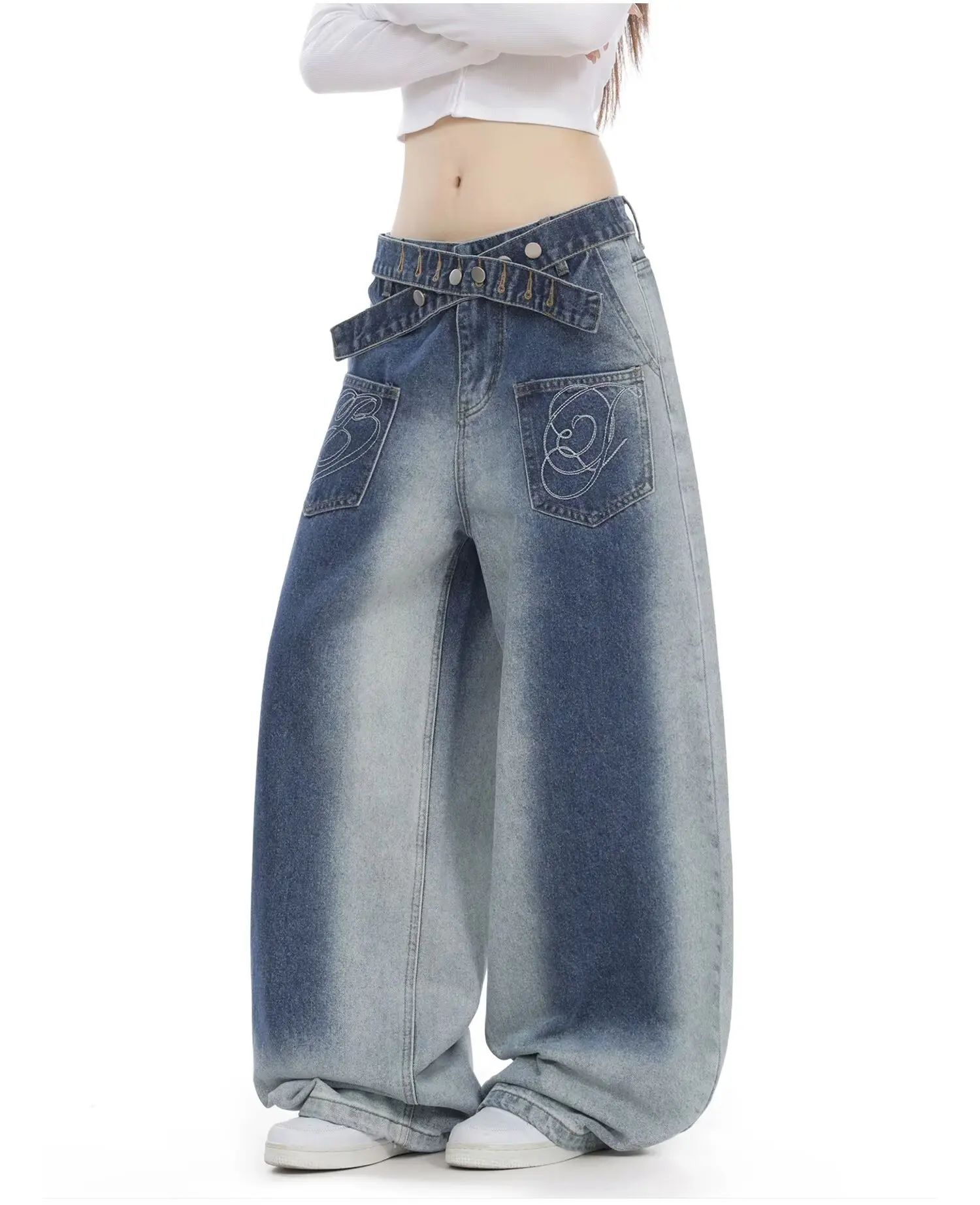 Gradient 2026 Autumn Blue Jeans Women Y2K Vintage High Waisted Jeans Straight Streetwear Loose Large Wide Leg Denim Pants