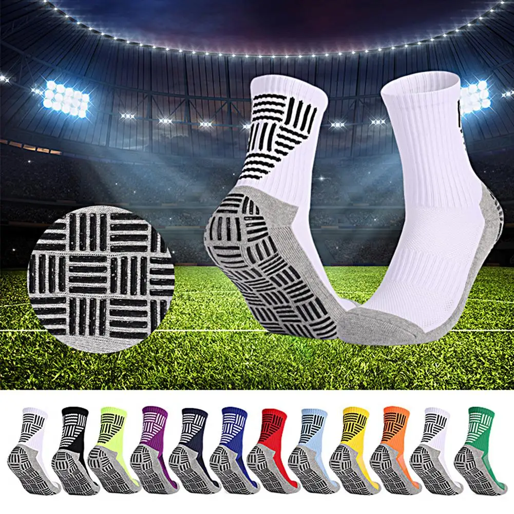 

1 Pair Football Socks Anti-slip Sweat-absorbent Striped Mid Calf Men Soccer Cycling Sports Grip Socks for Running