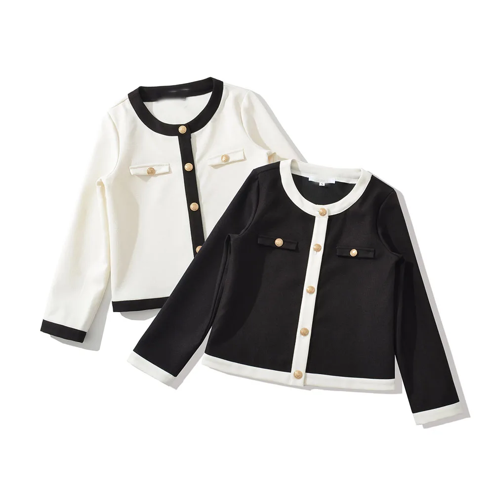 

2025 WOMAN Fashion European and American Style Autumn New Short Color Matching Jacket Chic Round Neck All-match Button Top Mujer