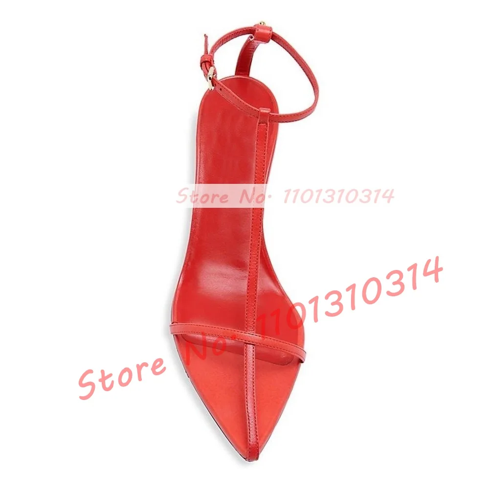 Red T-Bar Pointed Toe Sandals For Women Sexy Newest Ankle Strap High Heels Sandals Ladies Concise Trending Tie-up Dress Shoes