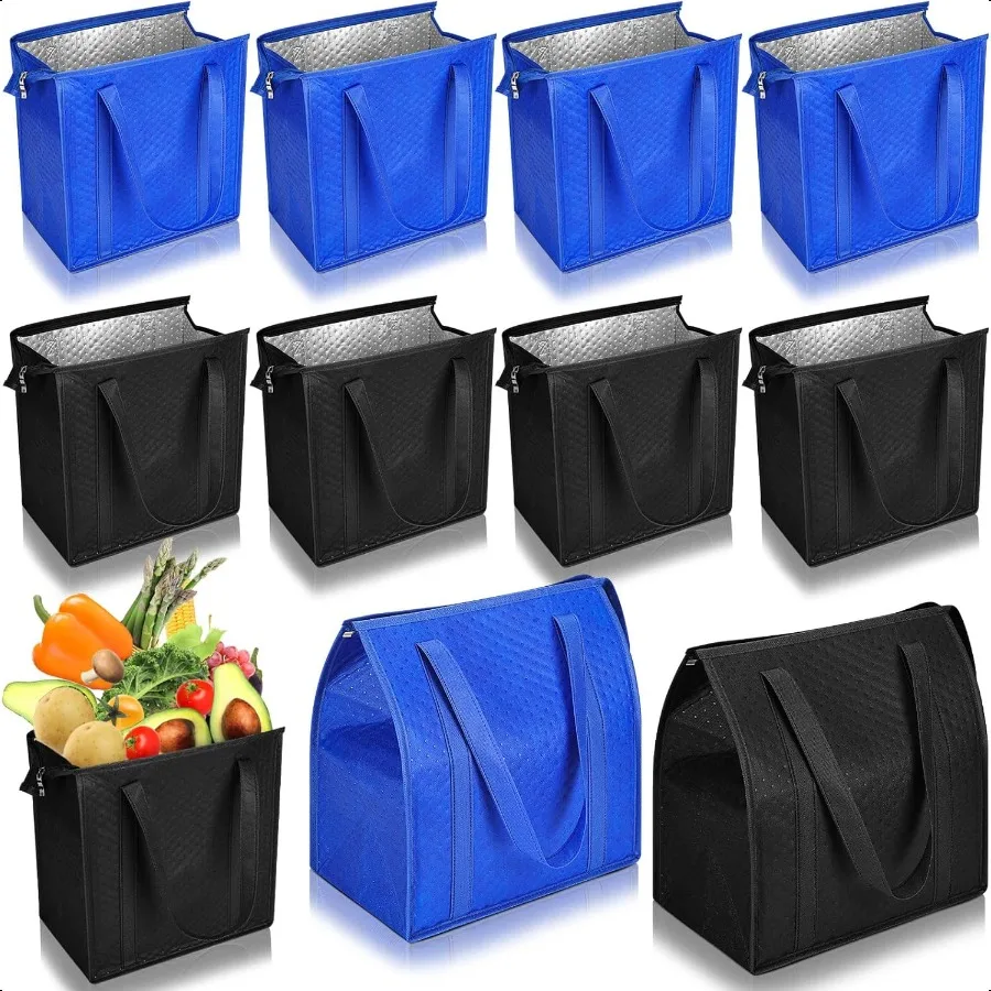 

10 шт. Большие изолированные сумки для покупок для продуктов 13 x 12 x 7 дюймов Многоразовые сумки-холодильники Термосумки с верхом на молнии для