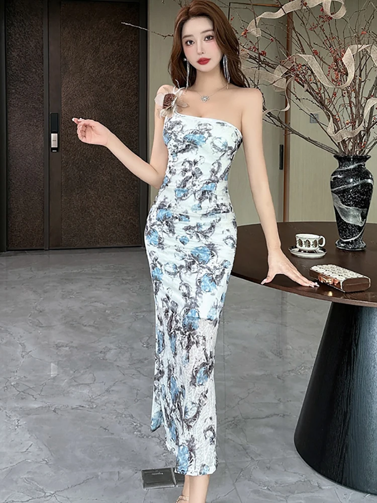 2025 Boho Floral Mesh Chic Flower Sling Long Dress Women Elegant Casual Beach Sundress Spring Summer Korean Fashion Party Dress