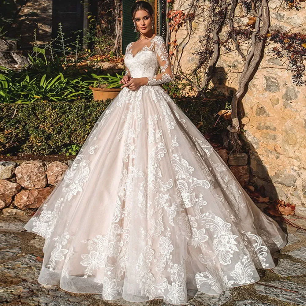 

Luxury A-Line Wedding Dresses O-Neck Long Sleeves Organza Lace Applique Brigal Gowns With Court Trian Custom Made manda novias