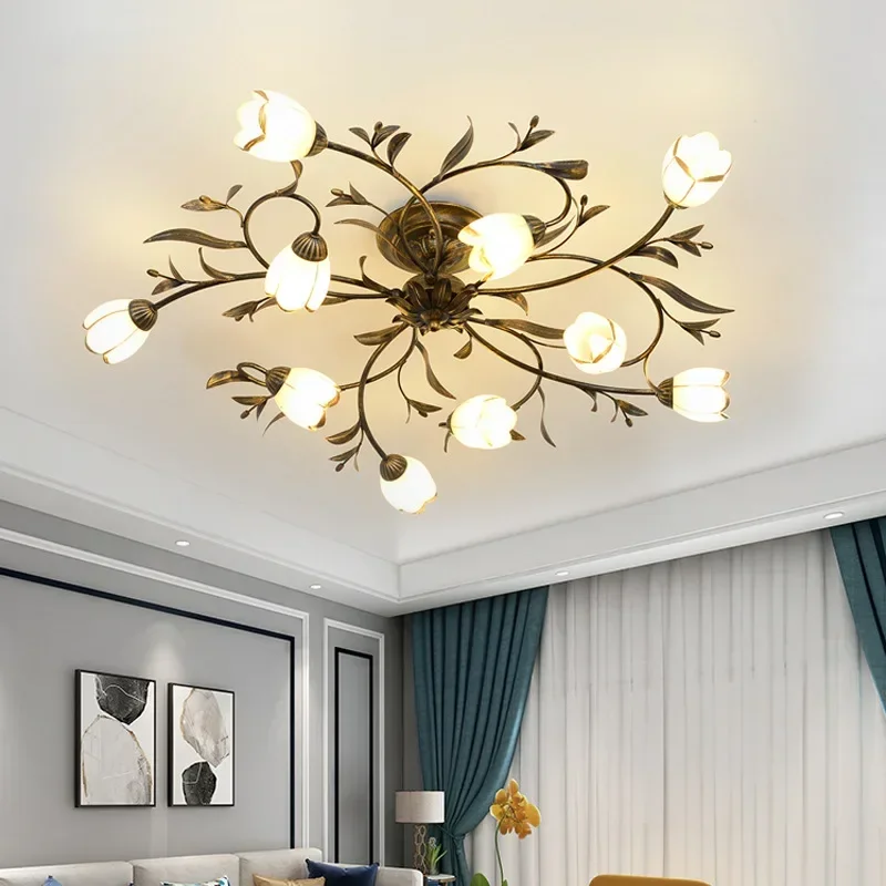 

SANDYHA American Style Ceiling Light Flower Shaped Lampshade Design Retro Bedroom Decoration Living Room Lighting Fixtures 202