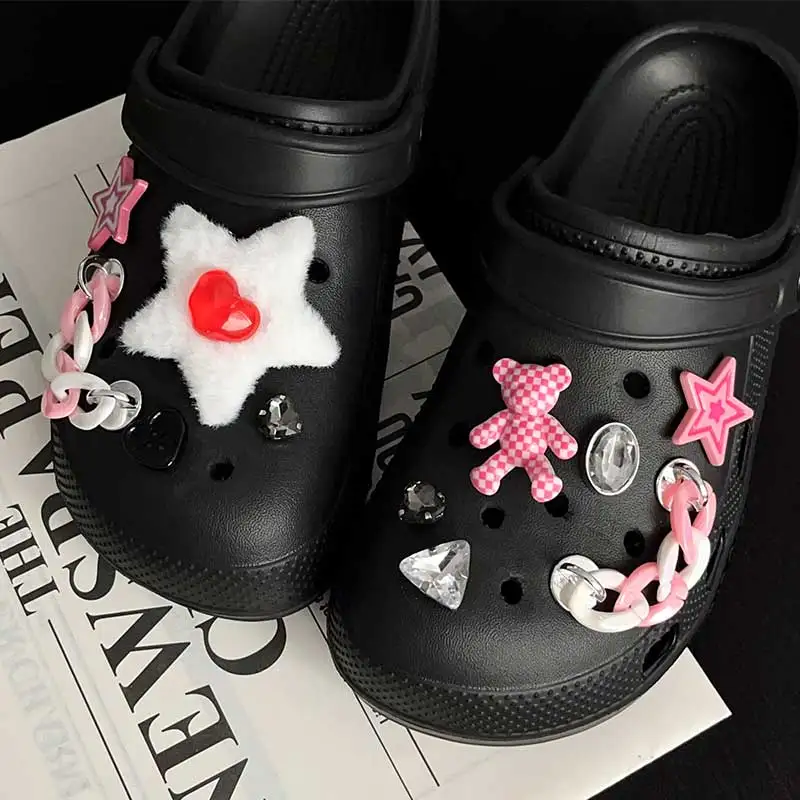 

Y2K INS Pink Grid Bear Plush Star Set Rhinestone Shoe Charms for Crocs Clogs Pins Slipper Accessories Garden Sandals Girl Gift