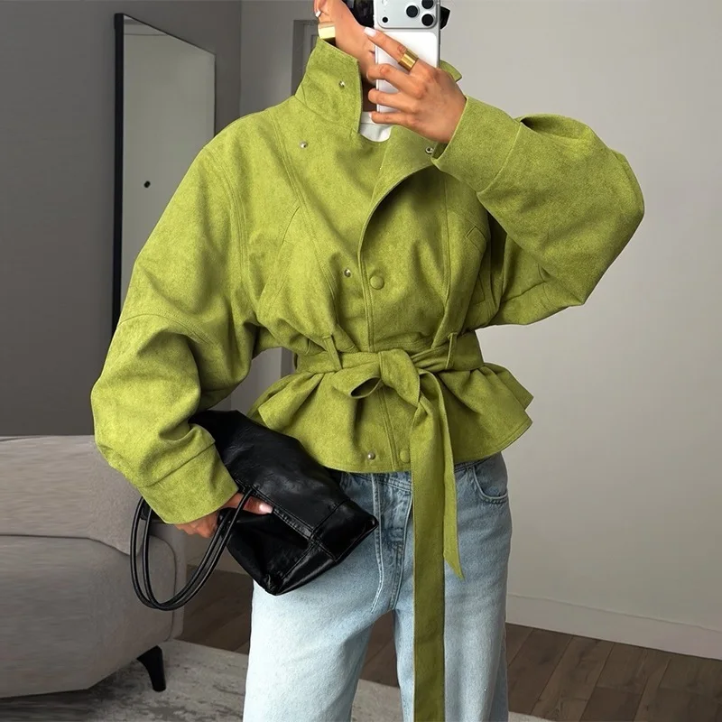 Avocado Green Lapel Jacket For Women Long Sleeve Single Breasted Solid Trench Coat 2026 New Lady Spring Autumn Streetwears