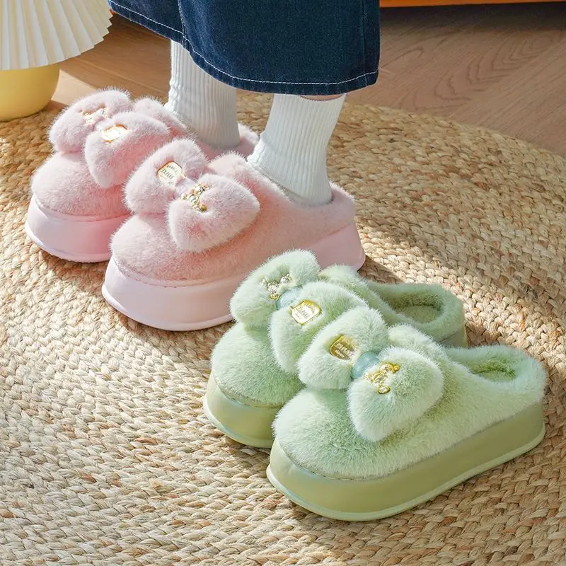 Pink clog slippers with fur slides women\'s indoor kawaii bowknot mules woman winter 6 cm platform  fluffy home slippers ladies