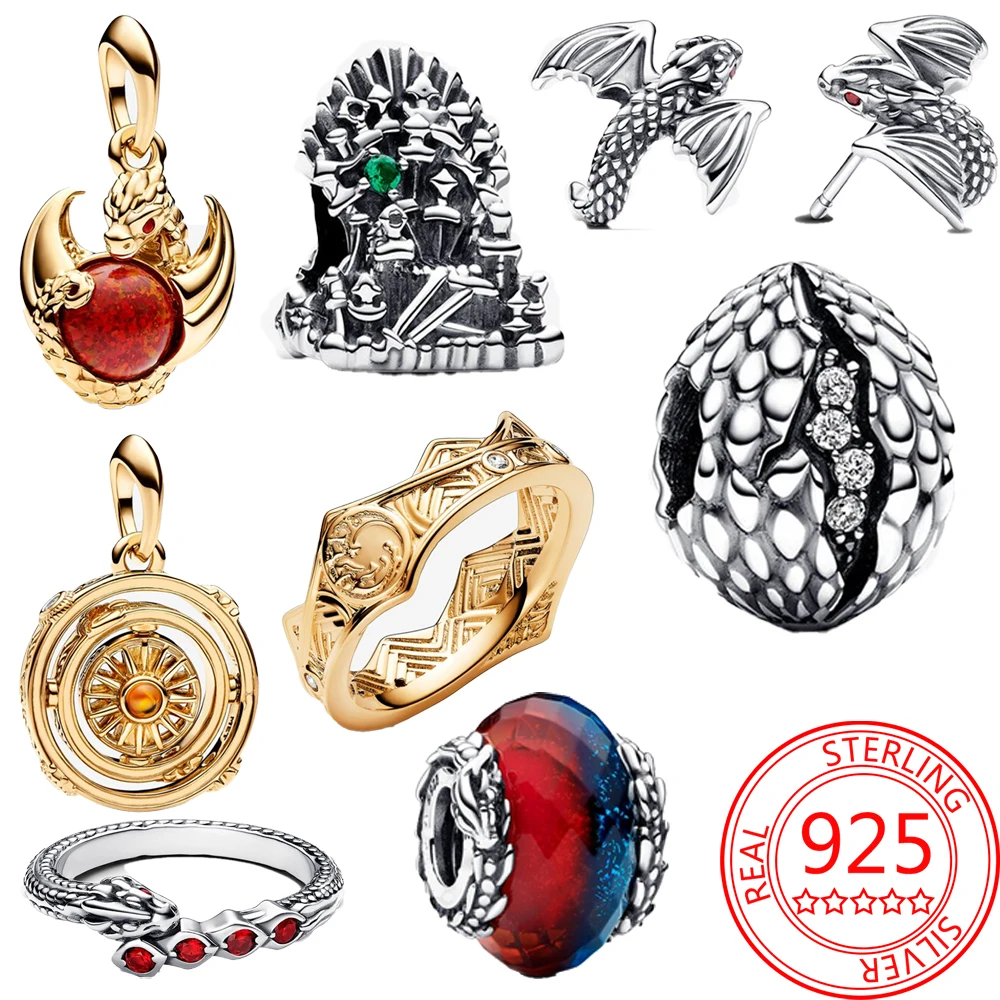 Serie di giochi 925 Sterling Silver Dragon Egg Shaped Beads & Dragon Ring Fit braccialetto fai da te collane accessori