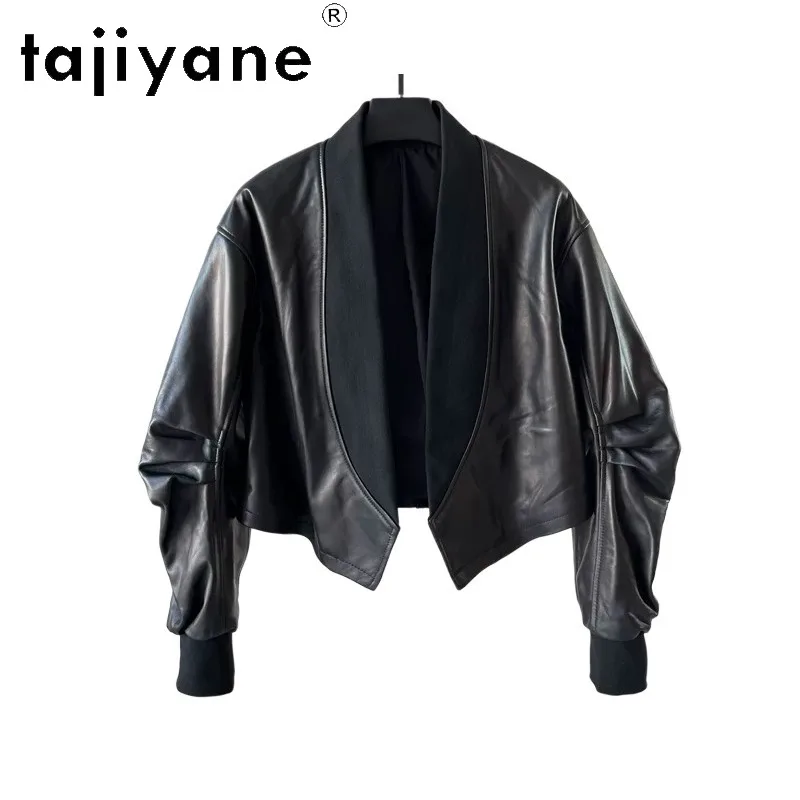 

TAJIYANE Real Leather Jacket V-neck Jackets for Woman Weaving and Splicing Sheepskin Leather Coats Short Jacket Дубленка Loose
