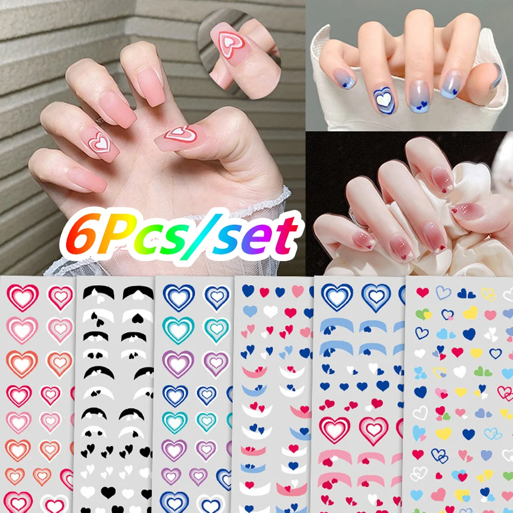 3D Gradient Love Heart Nail Art Sticker Self-adhesive Pink/Blue Heart Transfer Decal DIY 6Pcs/set Peach Heart Manicure Slider NK